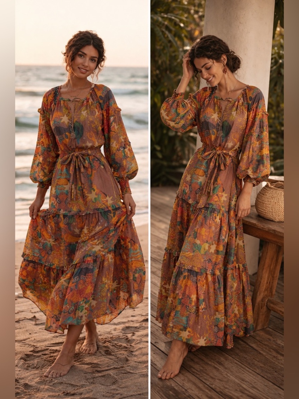 NWT CHUFY Khuyana Memories of Peru Printed Boho Cotton-Silk Maxi Dress Size M